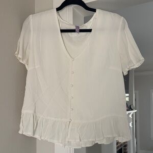 Alya Cream Button-Up Blouse with Ruffle Hem